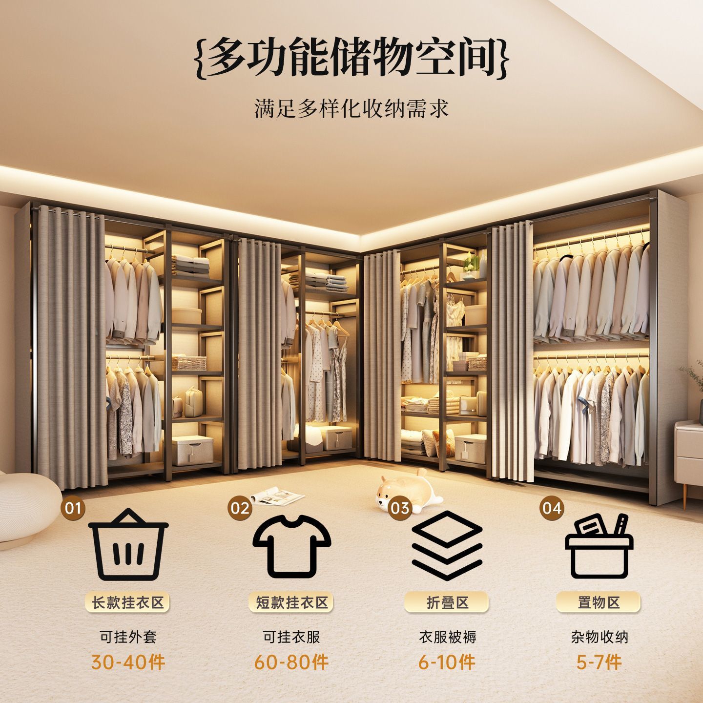 加厚钢管全钢架金属全封闭卧室简易自由组合落地铁艺衣柜家用卧室