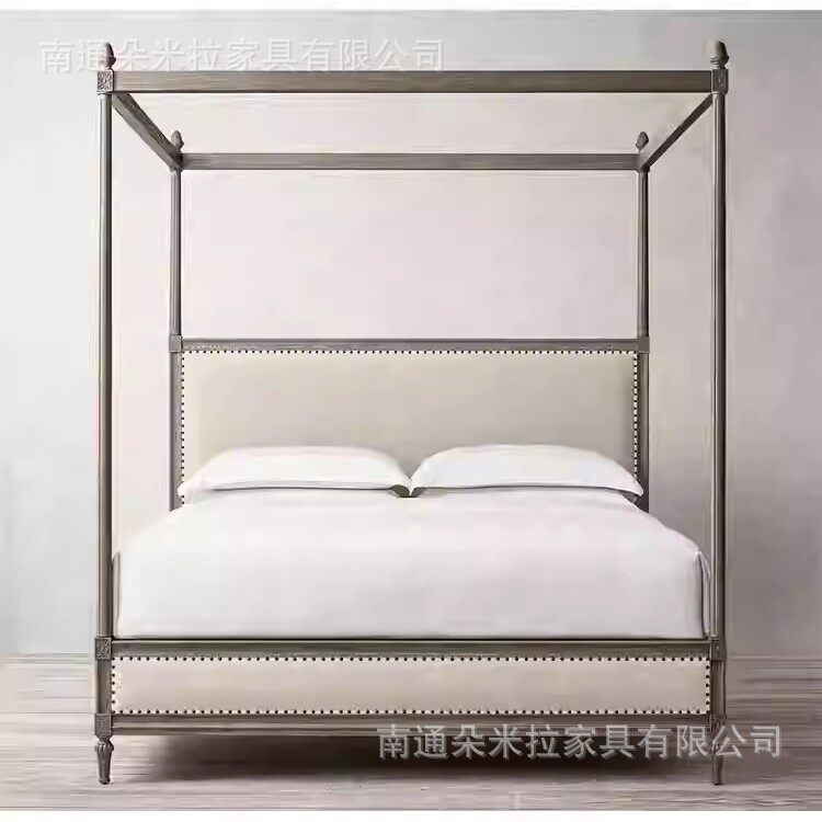 RH美式做旧实木橡木真皮床四立柱蚊帐雕花床美式乡村架子床柱子床