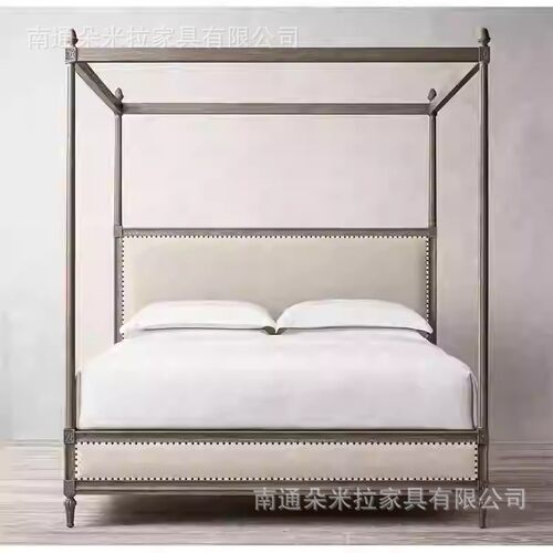 RH美式做旧实木橡木真皮床四立柱蚊帐雕花床美式乡村架子床柱子床