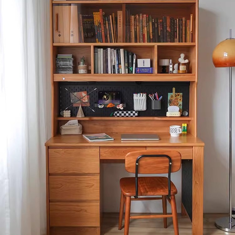 北美樱桃木实木书桌书架一体桌现代简约黑胡桃木家用小户型学习桌