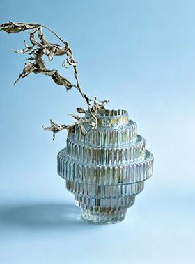 北欧简约条纹束口描金花瓶 仿真橄榄叶浆果水培插花餐桌花器摆件