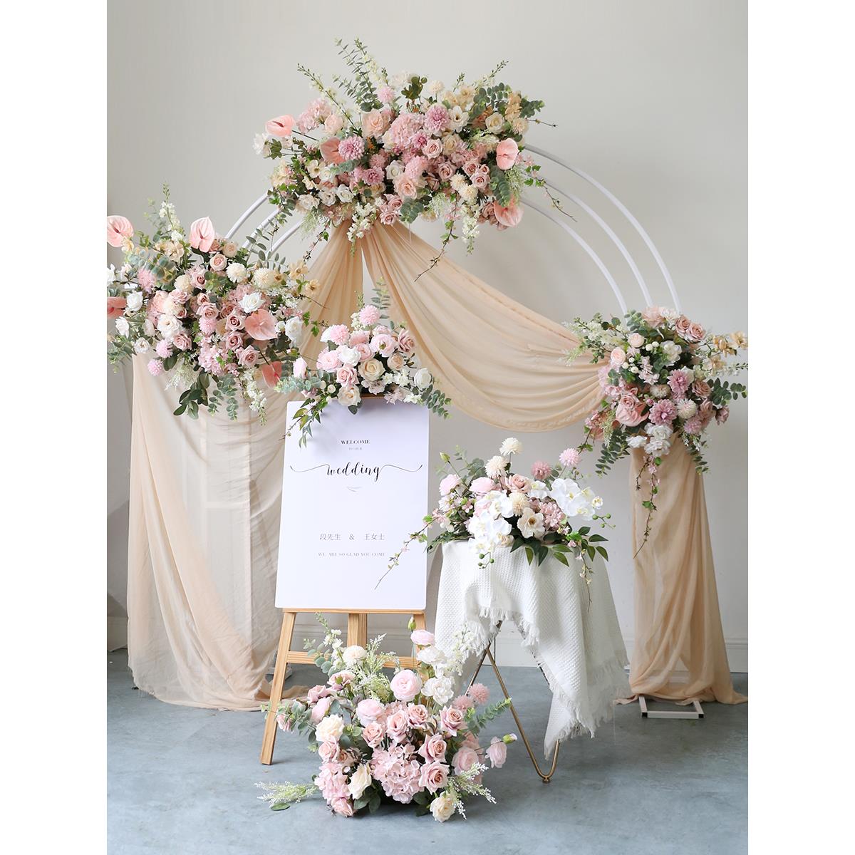 粉色婚礼花艺迎宾拍照背景花卉套装彷真绢花插花壁挂花地排婚庆花