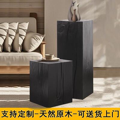 方形实木黑碳化根雕复古木墩凳子花架民宿酒店玄关艺术摆件侘寂风