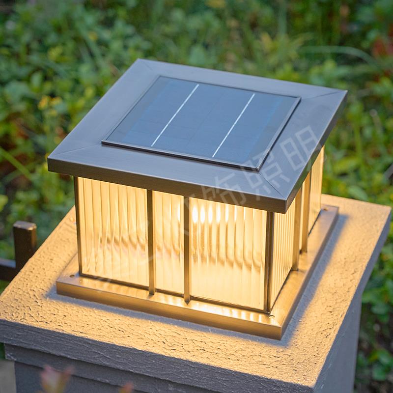 全铜柱头灯太阳能户外防水庭院室外新中式围墙别墅大门柱子门柱灯