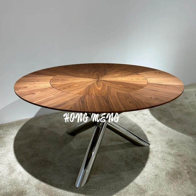 北美黑胡桃木圆桌轻奢圆形不锈钢餐桌极简家用实木餐桌餐厅吃饭桌