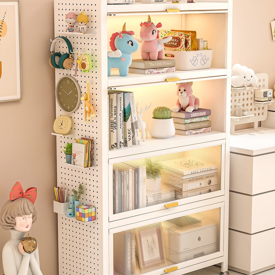 家用钢制书柜带门儿童防尘书架展示柜多层落地铁艺置物柜收纳柜子