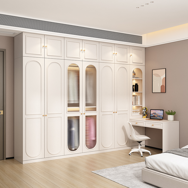 速发法式油奶风大柜书桌一体家用卧室实木简约组合柜子衣衣厨