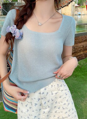 速发针织2024新款恤季薄款方麻复古亚领正肩t夏黄色上衣