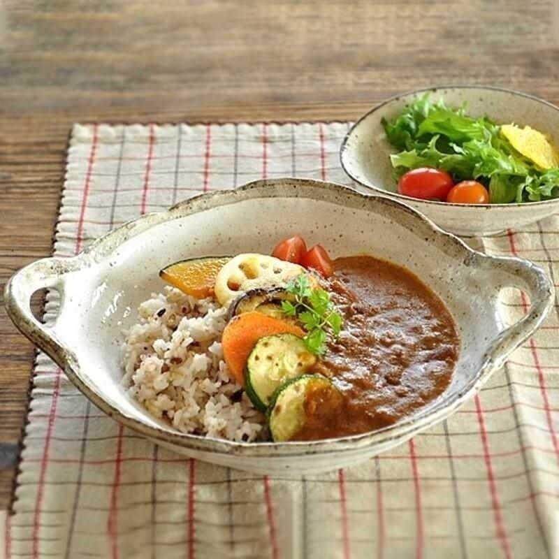 日式粗陶做旧汤盘面碗手作复古餐盘饭钵咖喱饭盘双耳盘美浓*