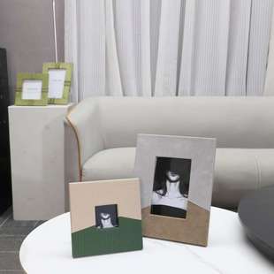 现代简约抽象拼色编织纹木质皮革相框摆件客厅卧室软装家居装饰品