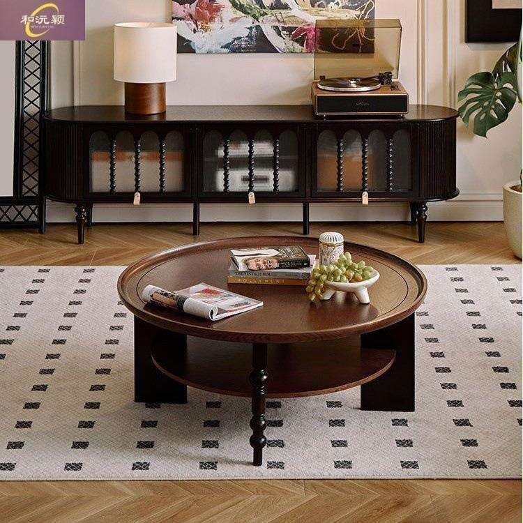 法式圆形茶几实木茶桌小户型中式小桌子古风家用客厅美式复古茶几