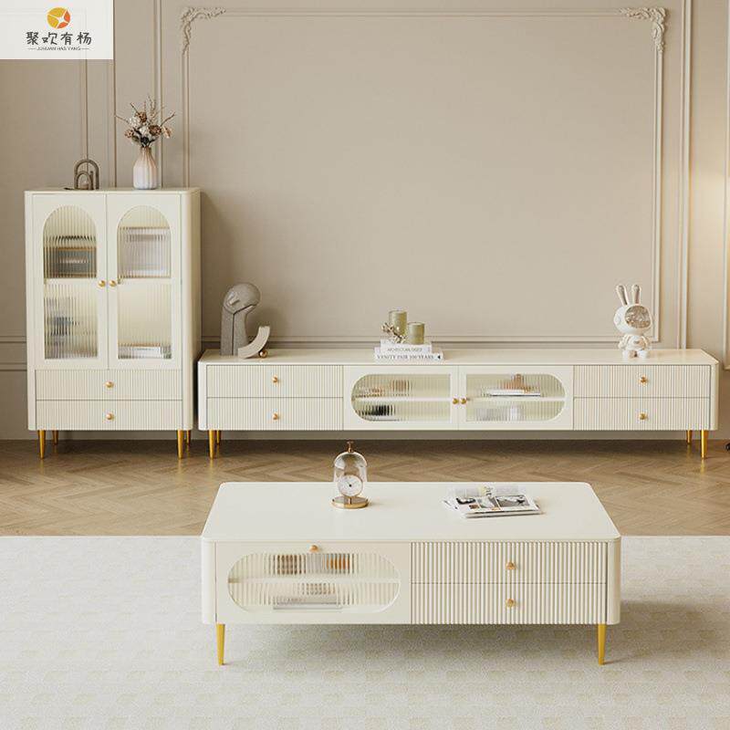 法式落地白色茶几电视柜组合奶油风客厅现代简约小户型实木地柜