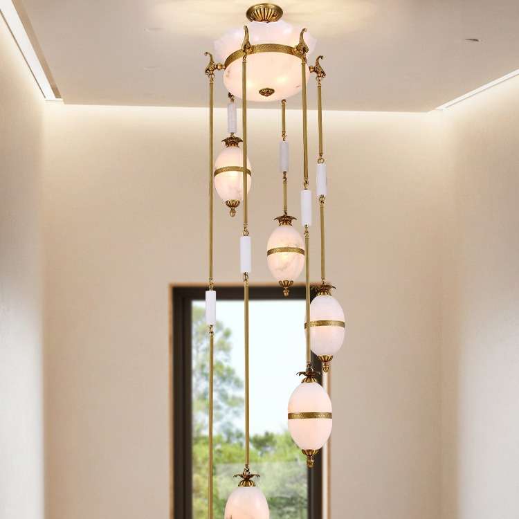 楼梯吊灯旋转 别墅复式长吊灯欧式复古全铜大吊灯欧式云石灯H8018