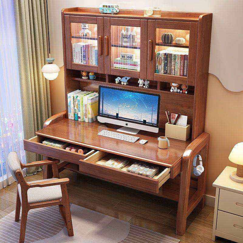 实木书桌书架一体家用学生电脑桌子简约作业写字桌卧室儿童学习桌