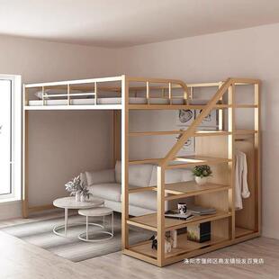 小户型复式上铺铁床二层阁楼双层多功能铁艺床高低床省空间高架床