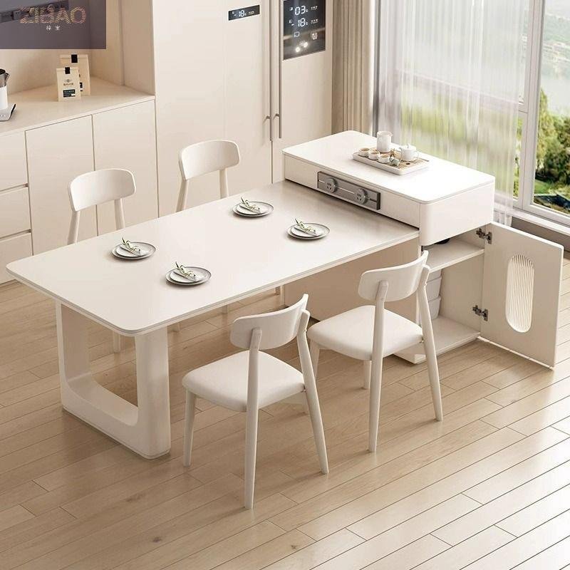 岛台餐桌一体奶油风现代简约小户型家用可伸缩轻奢茶桌岩板餐桌椅