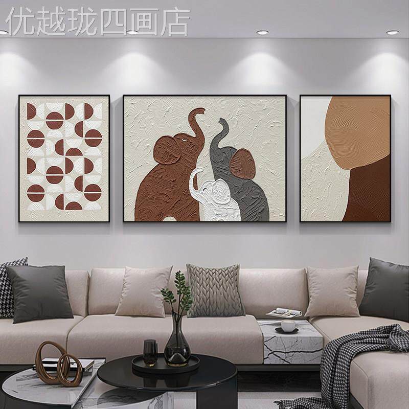 网红手绘油古画中沙发背墙装饰画客厅高景风大档气肌理感三联抽象