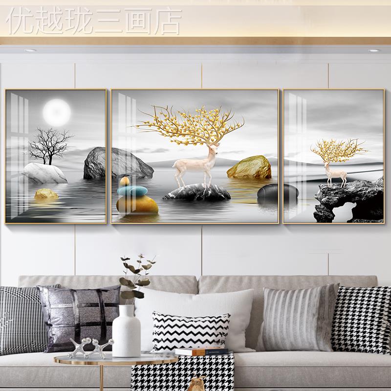 网红轻奢客厅打饰画现装代简沙发景墙挂画背约壁画石来运转免孔山
