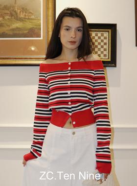 ZC.TenNine 红色撞色条纹一字肩针织长袖开衫