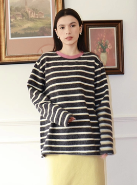 ZC.TenNine 慵懒风撞色条纹宽松圆领针织T恤