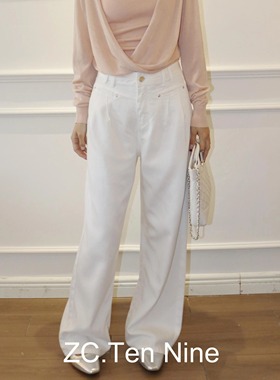 ZC.TenNine高腰显瘦莱赛尔前开袋褶皱垂感直筒白色牛仔裤