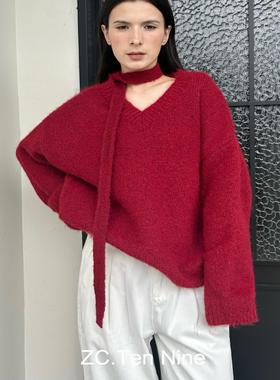 ZC.TenNine红色慵懒感v领围脖毛衣宽松百搭高级感系带针织衫