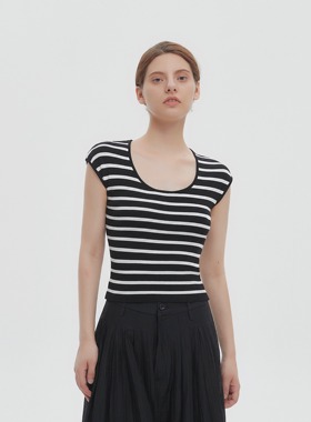 ZC.TenNine 软糯亲肤针织条纹短袖女2024夏季U领显瘦薄款上衣