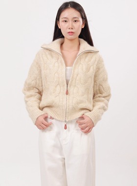 ZC.TenNine 翻领拉链绞花双拉链宽松毛衣外套