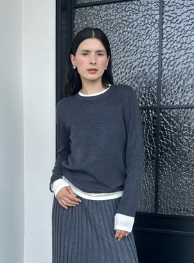 ZC.TenNine2024秋新款时尚撞色圆领长袖针织衫女修身显瘦打底上衣