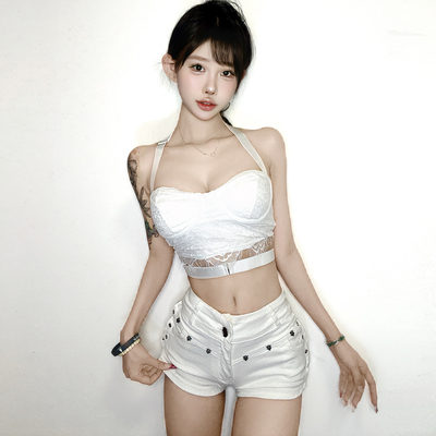 性感辣妹白色蕾丝挂脖吊带爵士舞