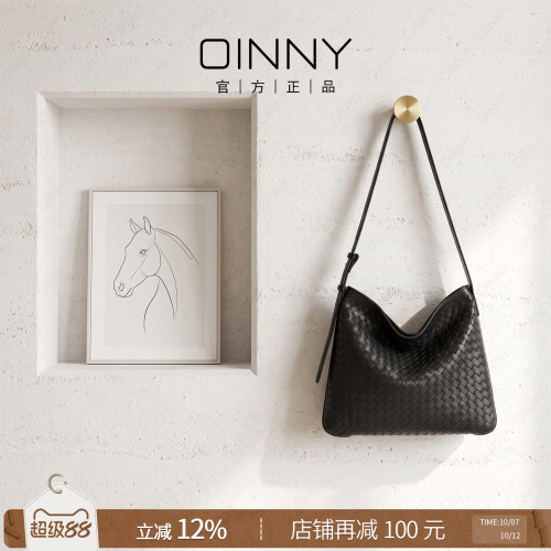 Oinny真皮羊皮高级黑编织托特包