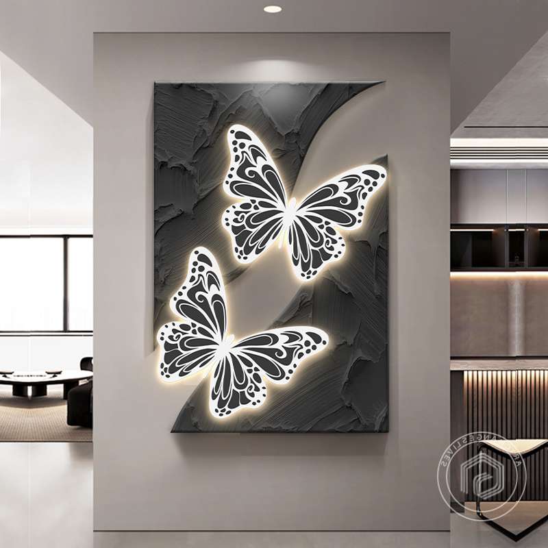 轻奢高级入户玄关装饰画蝴蝶3d立体客厅走廊发光壁灯落地艺术挂画图片