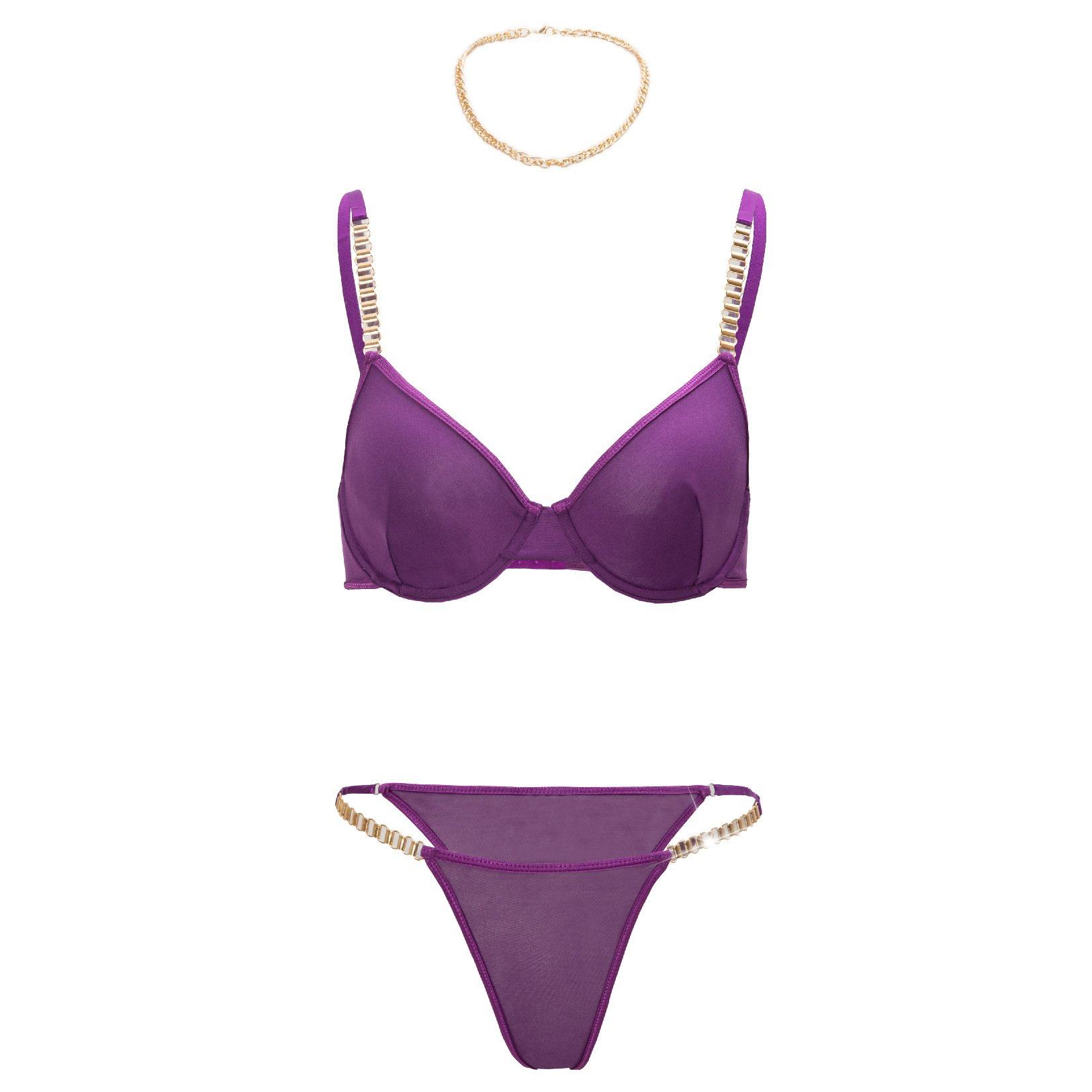 跨境欧美超薄网纱性感聚拢文胸套装金属链条时尚诱惑内衣丁字裤,女士内衣/男士内衣/家居服,女丁字裤,淘宝优惠券,粉丝福利购,淘宝优惠卷