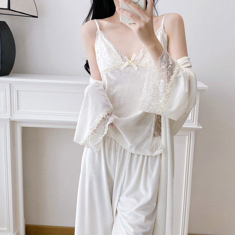 (金丝绒)女秋冬款蕾丝性感纯欲保暖睡衣吊带长裤睡袍三件套家居服,女士内衣/男士内衣/家居服,睡衣/家居服套装,淘宝优惠券,粉丝福利购,淘宝优惠卷