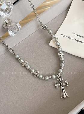 极速嘻哈珍珠十字架拼接r项链女小众设计冷淡风卫衣链2023年爆款