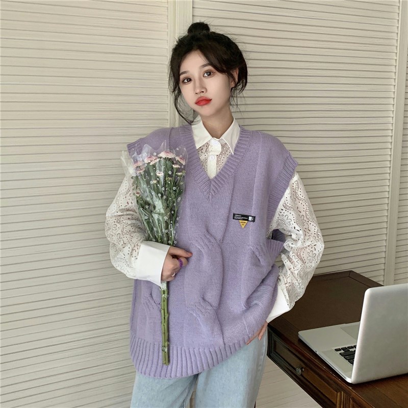 速发马甲衬衫两件套n紫色针织背心外套女宽松小坎肩春秋季毛衣外