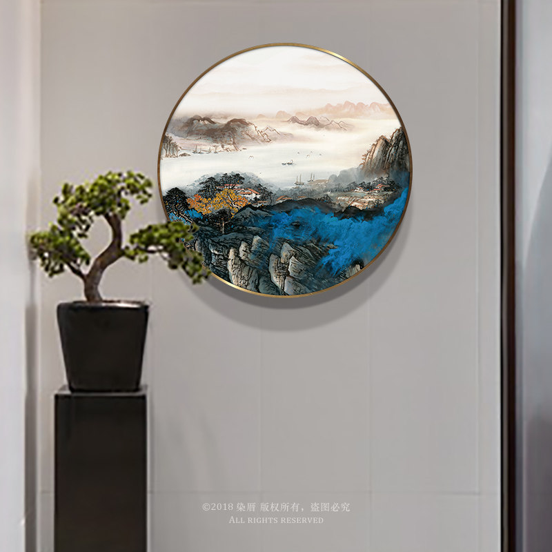 极速新中式客厅装饰画圆形山水画玄关G走廊过道壁画靠山国画挂画