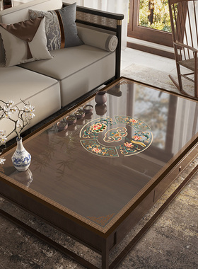 极速新中式环保透明印花puvc软玻璃桌垫水晶板茶几桌垫布免洗防水