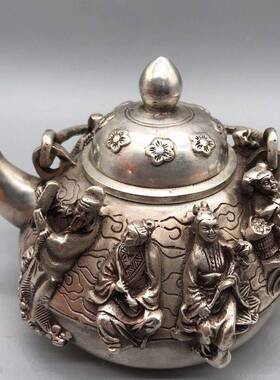 极速仿古老物件白铜镀银高提梁银茶壶打Q造银壶壶收藏摆件