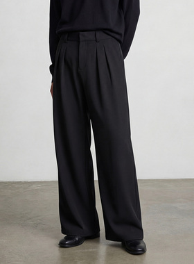 美式休闲双褶阔腿西裤男女春秋季高腰宽松长裤通勤极简风