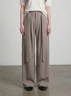 灰卡其色流光霜感腰带剑道打褶低腰宽松阔腿弯刀休闲裤