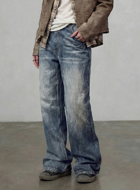 闪电爆裂纹牛仔裤 重水洗直筒微喇拉链宽松直筒休闲