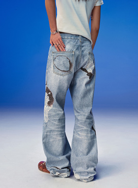 OKME 高精度烧花蕾丝3D打印直筒宽腿休闲牛仔裤显瘦美式水洗做旧