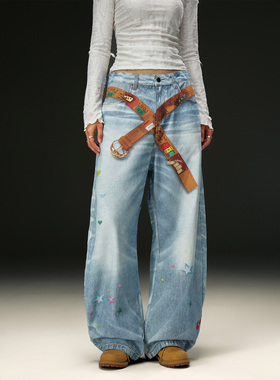 OKME2025春秋季新款美式复古卡通贴纸印花弯刀牛仔裤