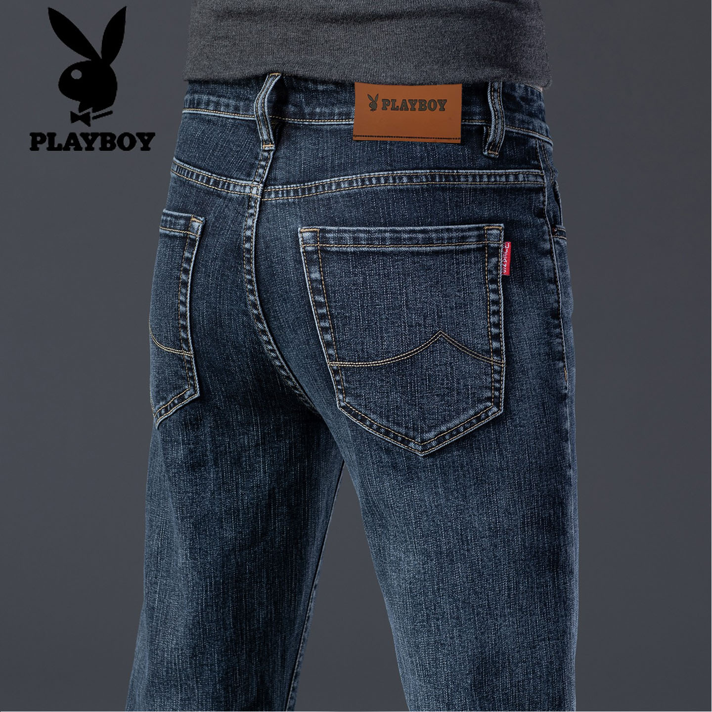 花花公子秋冬新款牛仔裤男士高端商务修身直筒裤加绒加厚休闲裤子