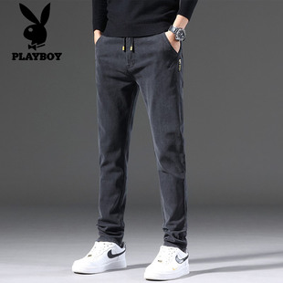 花花公子牛仔裤2025新款男士秋冬季加绒弹力裤子修身小脚潮牌长裤