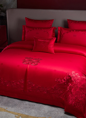 极速100S长绒棉婚庆四件组牀盖款六F件套纯棉提花大红色被套牀单