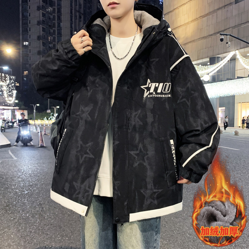 冬季上新青少年学院风韩版加绒加厚夹克撞色连帽潮流百搭男生外套