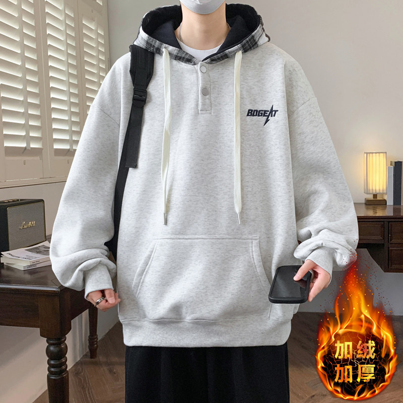 秋冬重磅新款青少年高品质加绒加厚卫衣设计感连帽潮牌印花上衣