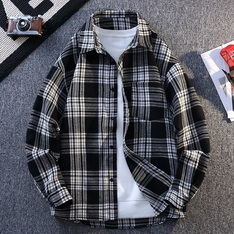 春秋新款青少年时尚潮流大码格子衬衫撞色翻领男生百搭款衬衣外套